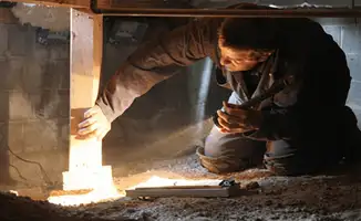 A professional inspecting wooden beams under the floor of a structure in Naperville, IL
